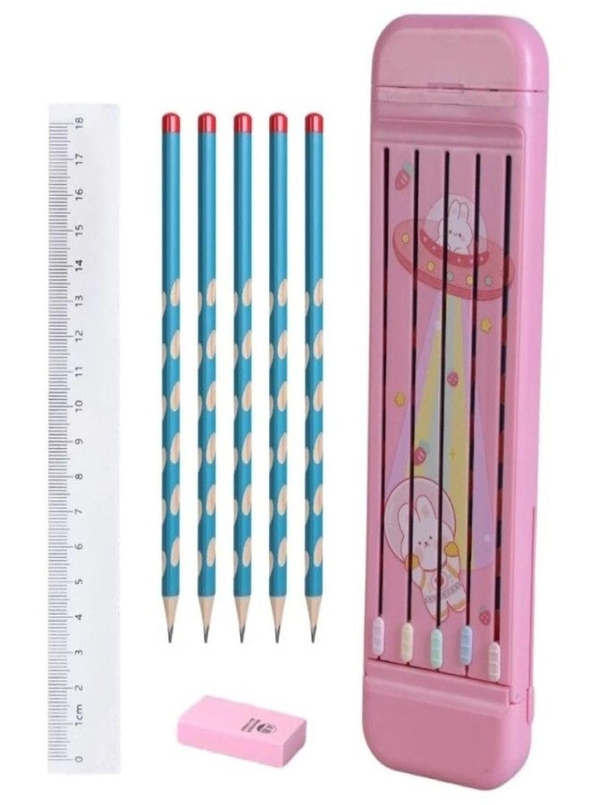 Faded Pink ABS Pencil Case for Students - Compact Hard Shell Stationery Box with Pencil Slot, 5 Pencils, Ruler & Eraser | Durable School Supplies Kit Students - Image 1