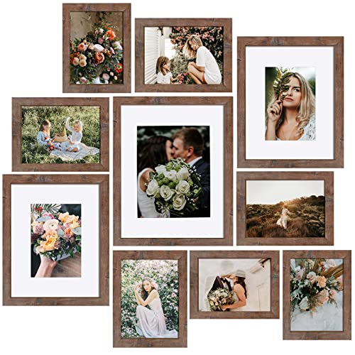 SESEAT Picture Frames Collage Gallery Wall Frame Set with 11x14 8x10 5x7 4x6 Frames in Brown Finishes Set of 10