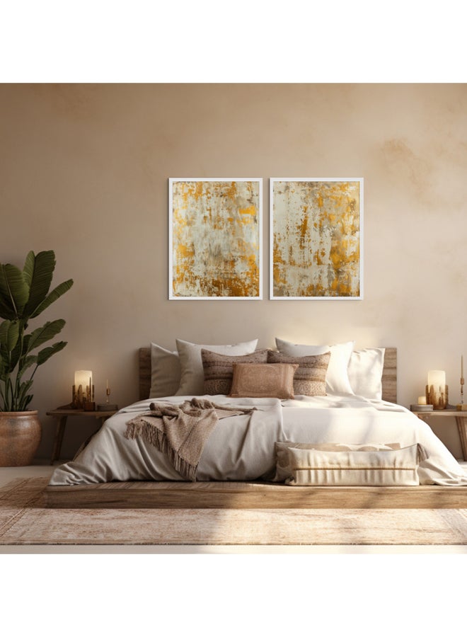 آرت دیکور  طباعة فنية مؤطرة لديكور فني راقٍ بتصميم بورتريه لجبال تجريدية – طقم من قطعتين – مناظر طبيعية عصرية باللونين الأبيض والذهبي، ديكور جداري أنيق لغرفة المعيشة أو غرفة النوم أو المكتب أو الاستوديو – مؤطر وجاهز للتقديم كهدية. - Image 3