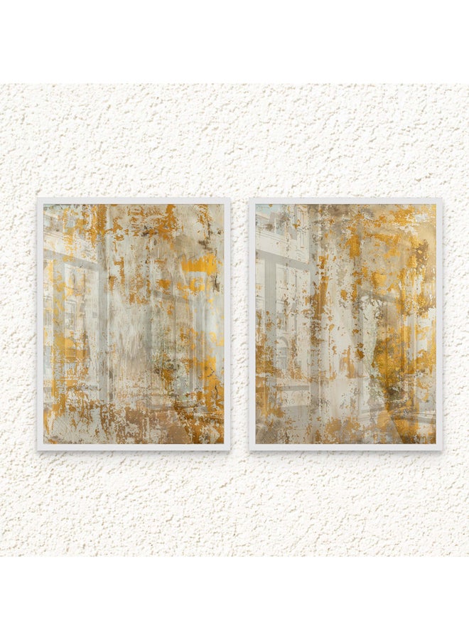 آرت دیکور  طباعة فنية مؤطرة لديكور فني راقٍ بتصميم بورتريه لجبال تجريدية – طقم من قطعتين – مناظر طبيعية عصرية باللونين الأبيض والذهبي، ديكور جداري أنيق لغرفة المعيشة أو غرفة النوم أو المكتب أو الاستوديو – مؤطر وجاهز للتقديم كهدية. - Image 1