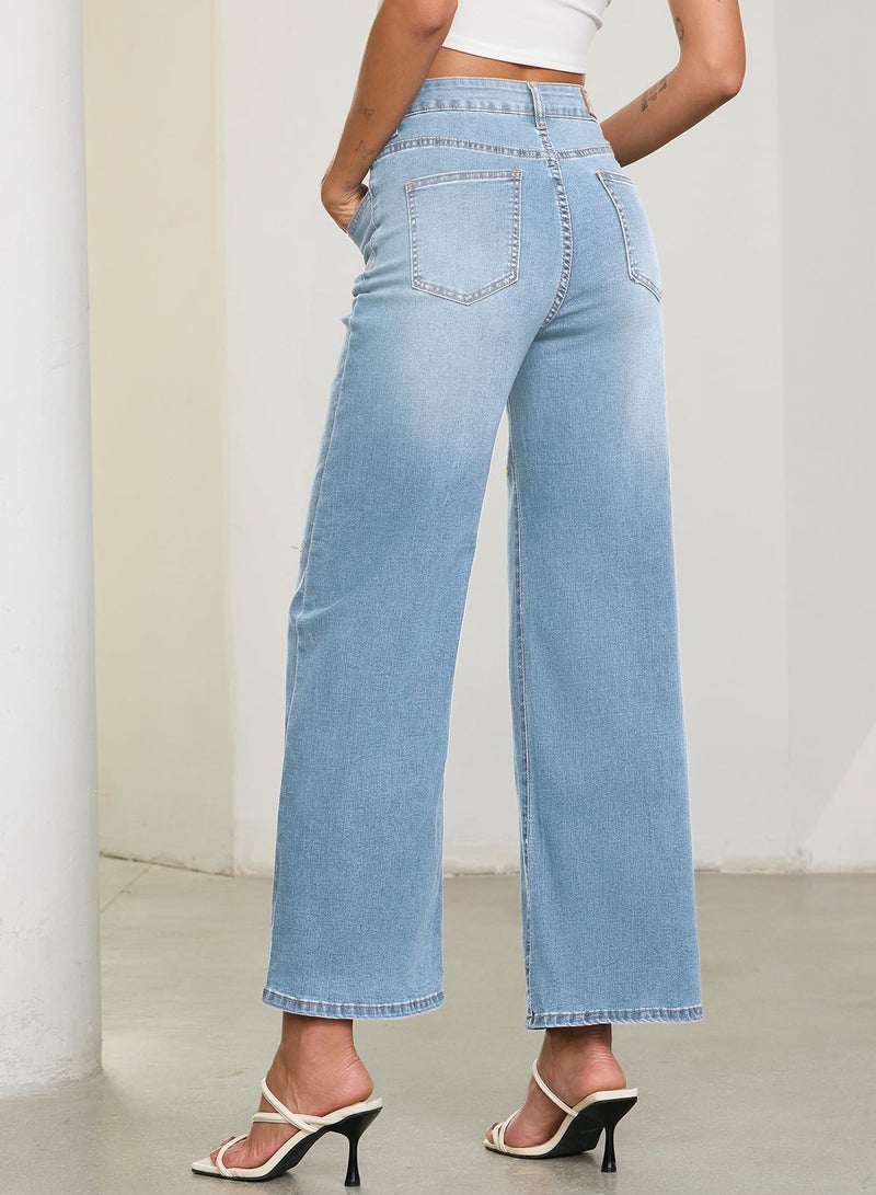 Sidefeel Women's Straight Leg Embroidered Jeans High Waisted Stretchy Wide Leg Denim Pants Iceland Blue Size 8 - Image 2