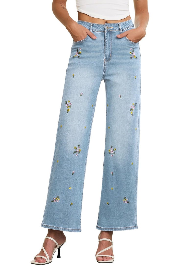 Sidefeel Women's Straight Leg Embroidered Jeans High Waisted Stretchy Wide Leg Denim Pants Iceland Blue Size 8 - Image 1