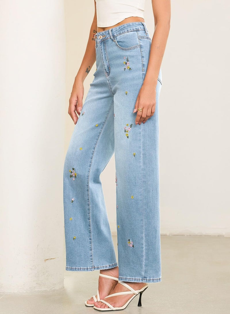 Sidefeel Women's Straight Leg Embroidered Jeans High Waisted Stretchy Wide Leg Denim Pants Iceland Blue Size 8 - Image 3
