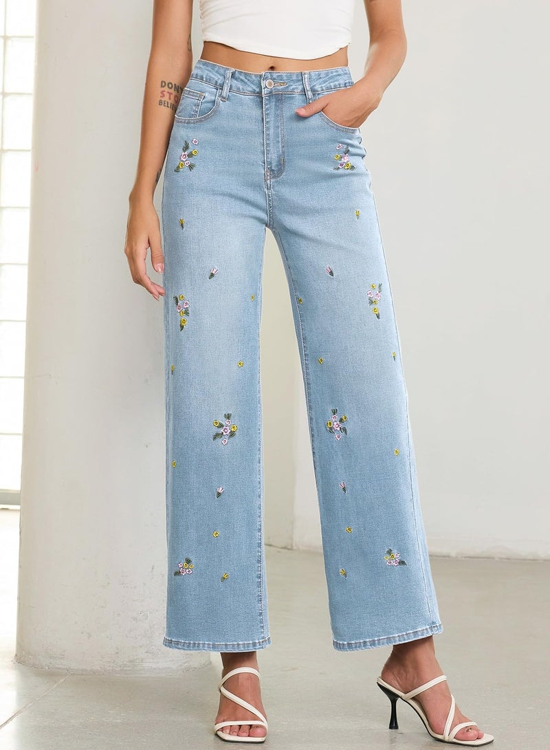 Sidefeel Women's Straight Leg Embroidered Jeans High Waisted Stretchy Wide Leg Denim Pants Iceland Blue Size 8 - Image 4
