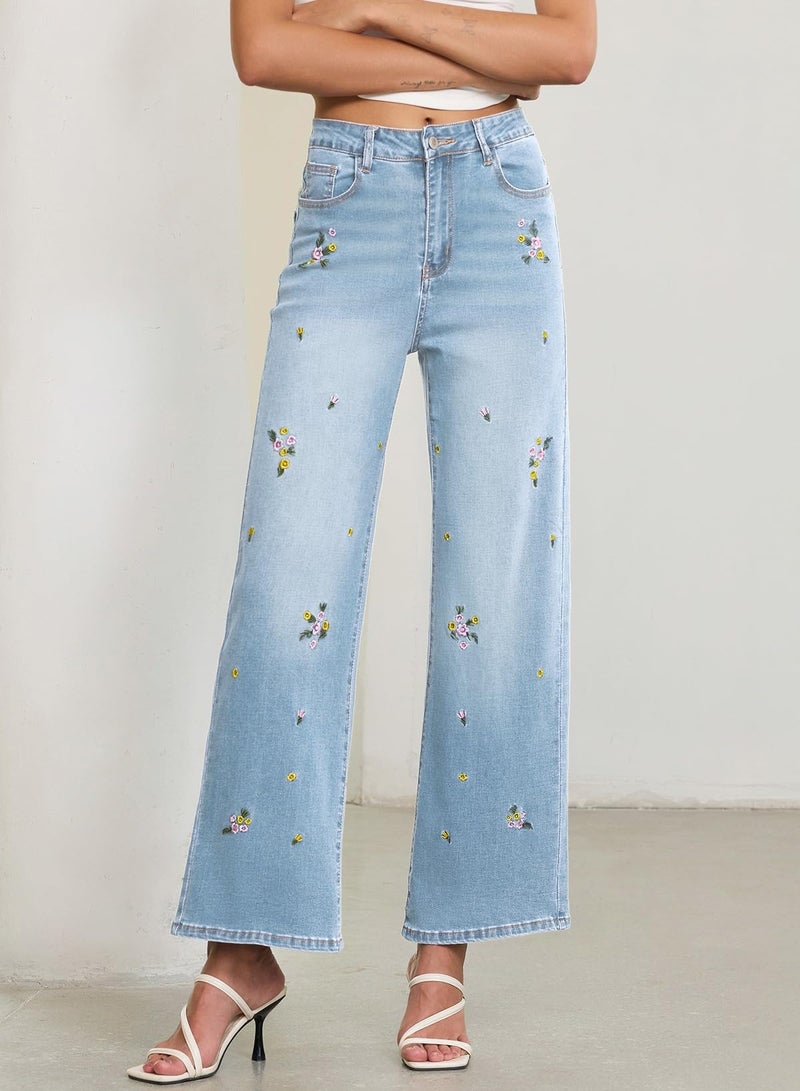 Sidefeel Women's Straight Leg Embroidered Jeans High Waisted Stretchy Wide Leg Denim Pants Iceland Blue Size 8 - Image 5