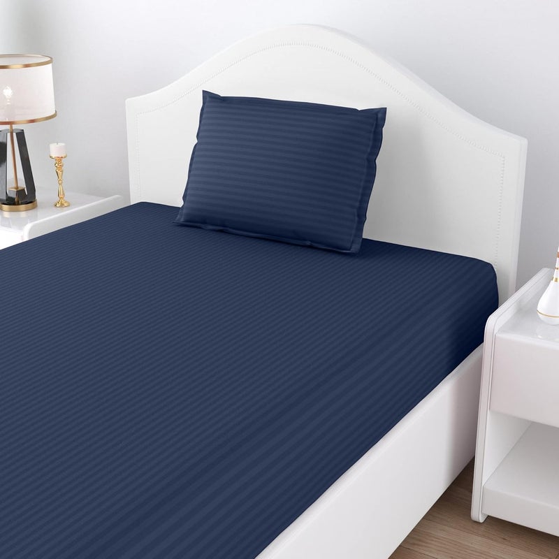 JaipurFabric Jaipur Fabric 100 Satin 144 TC Stripes Single Bedsheet with 1 Pillow Cover Colour Navy Blue - Image 2