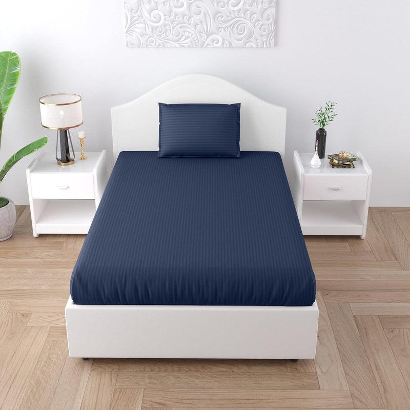 JaipurFabric Jaipur Fabric 100 Satin 144 TC Stripes Single Bedsheet with 1 Pillow Cover Colour Navy Blue - Image 1