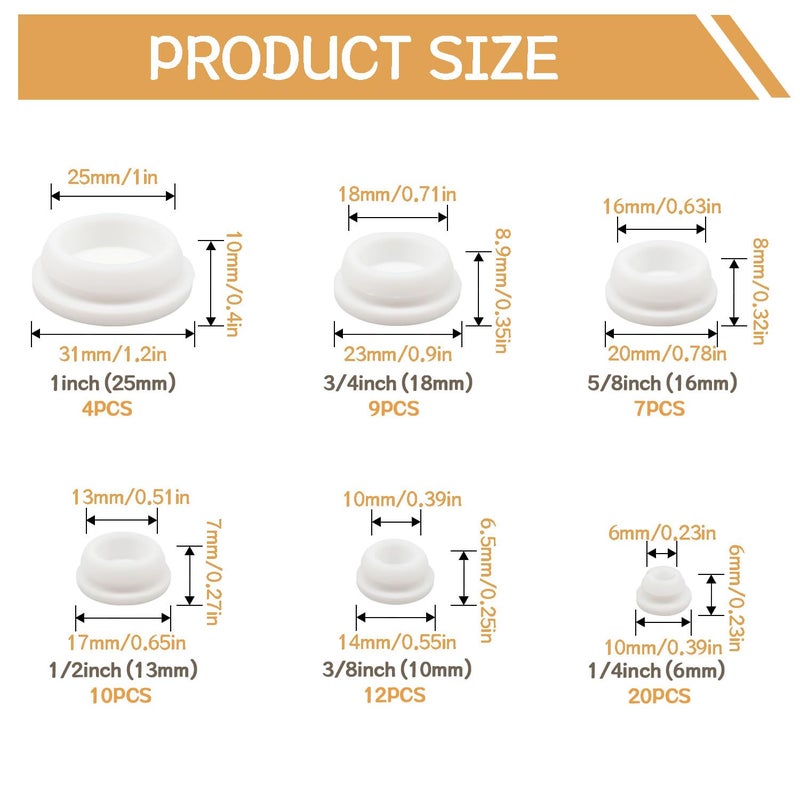 zDwfDc 62PCS 6 Sizes White Rubber Hole Plugs for Round Holes Silicone Plugs, 1" 3/4" 5/8" 1/2" 3/8" 1/4" Round Rubber Plug Snap Locking, Used for Furniture DD036-w - Image 2