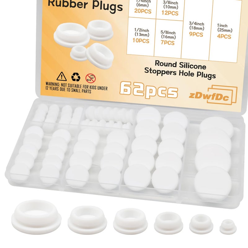 zDwfDc 62PCS 6 Sizes White Rubber Hole Plugs for Round Holes Silicone Plugs, 1" 3/4" 5/8" 1/2" 3/8" 1/4" Round Rubber Plug Snap Locking, Used for Furniture DD036-w - Image 1