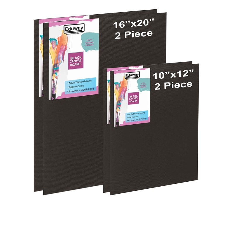 Eduway Medium Grain 10x12, 16x20 inch Cotton Black Canvas Board (Each 2) with 4mm MDF Board Backing, for Painting-(Pack of 4) - Image 1
