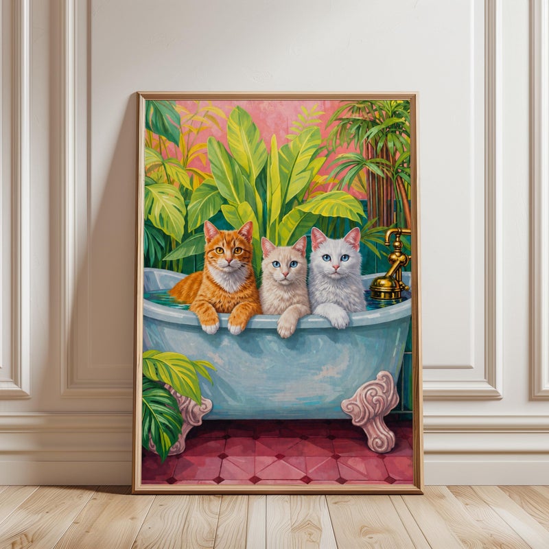 TNESSENTIAL Cats in Bathtub Wall Art: Tropical Jungle Bathroom, Pastel Whimsical Print - Image 1