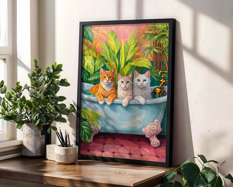 TNESSENTIAL Cats in Bathtub Wall Art: Tropical Jungle Bathroom, Pastel Whimsical Print - Image 2