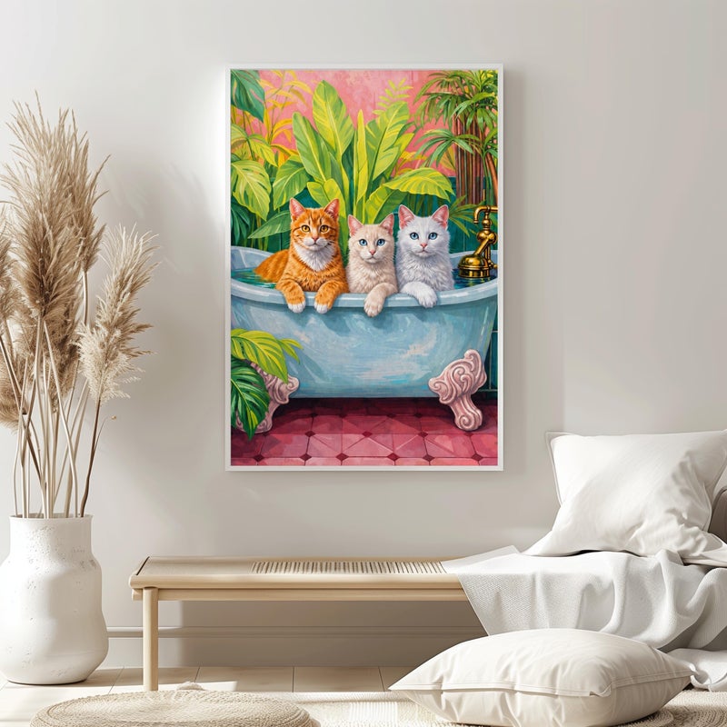 TNESSENTIAL Cats in Bathtub Wall Art: Tropical Jungle Bathroom, Pastel Whimsical Print - Image 5