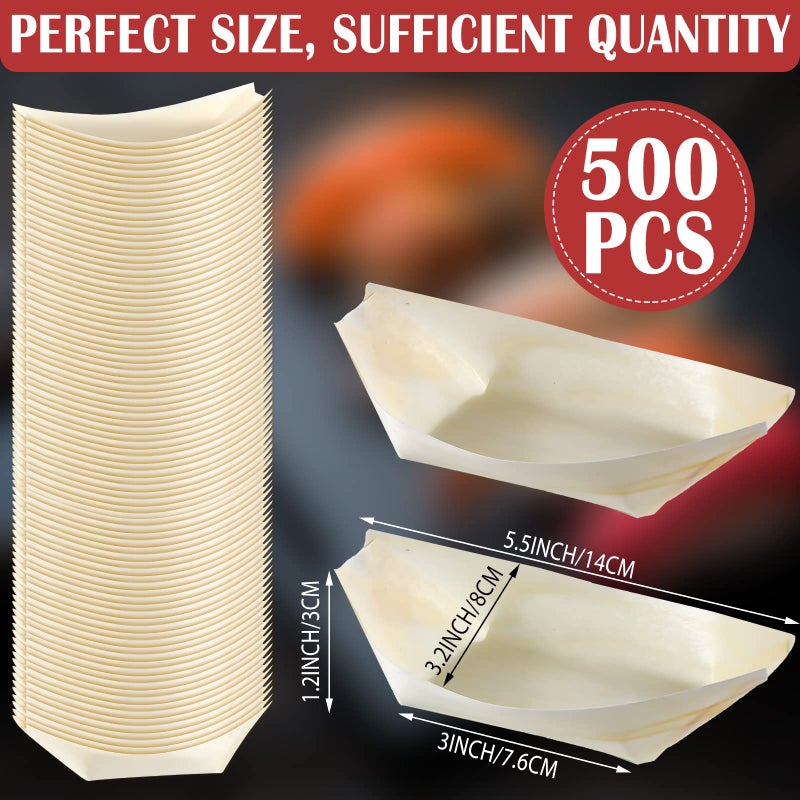 Newtay 500 Pcs Bamboo Boat Plates for Appetizer 5.5"" Disposable Wooden Charcuterie Boat Leaf Small Sushi Serving Tray Food Dishes Container Bowl for Catering Home Hawaiian Holiday Party Supplies - Image 2