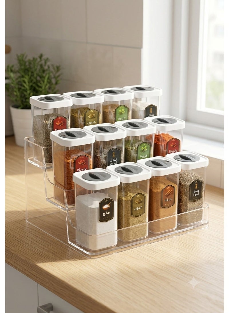Premium 12-Piece Spice Jar Set with Clear 3-Tier Acrylic Organizer Rack | 250ml Airtight Plastic Containers with Dual-Dispensing Rotating Lids | Elegant Space-Saving Kitchen Storage Solution - Image 1