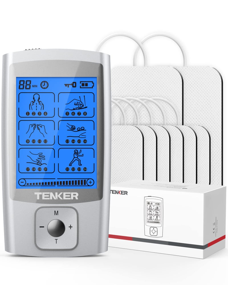 TENKER TENS Unit Muscle Stimulator 24 Modes TENS EMS Machine for Pain Relief TherapyPain Management Rechargeable Electronic Pulse Massager with 2x2 and 2x4 TENS Unit Electrode Pads
