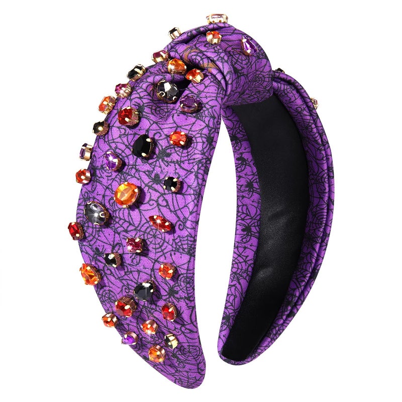 Halloween Headbands for Women Purple Orange Black Crystal Embellished Purple Knotted Headband Halloween Wide Headband Hairband Hair Accessories