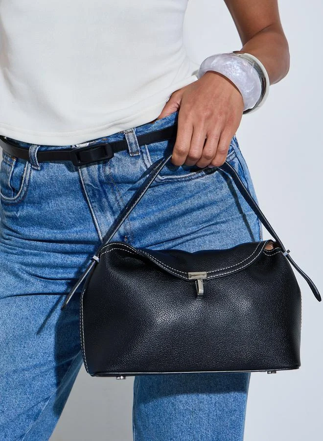 Black Contrast Stitching Flap Shoulder Bag