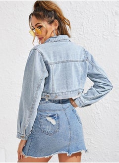 Loquat Women's Fashion Lapel Super Short Denim Jacket Blue  - Image 3