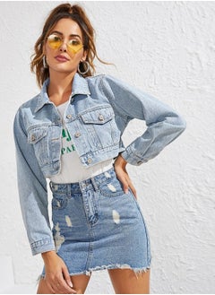 Loquat Women's Fashion Lapel Super Short Denim Jacket Blue  - Image 1