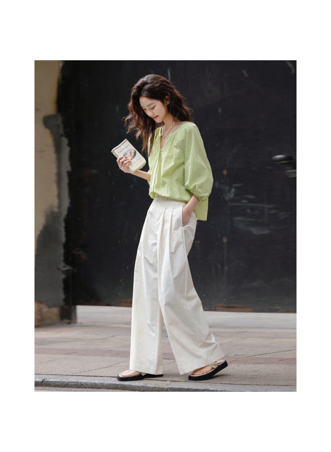 dme Love Poem】Spring Literary Style Simple V-Neck Mid-Sleeve Shirt Light And Airy Blouse Women'S Top - Image 4