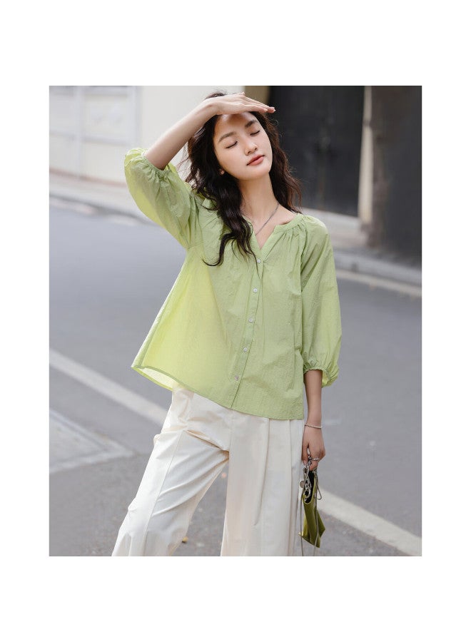 dme Love Poem】Spring Literary Style Simple V-Neck Mid-Sleeve Shirt Light And Airy Blouse Women'S Top - Image 2