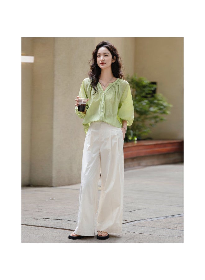 dme Love Poem】Spring Literary Style Simple V-Neck Mid-Sleeve Shirt Light And Airy Blouse Women'S Top - Image 5