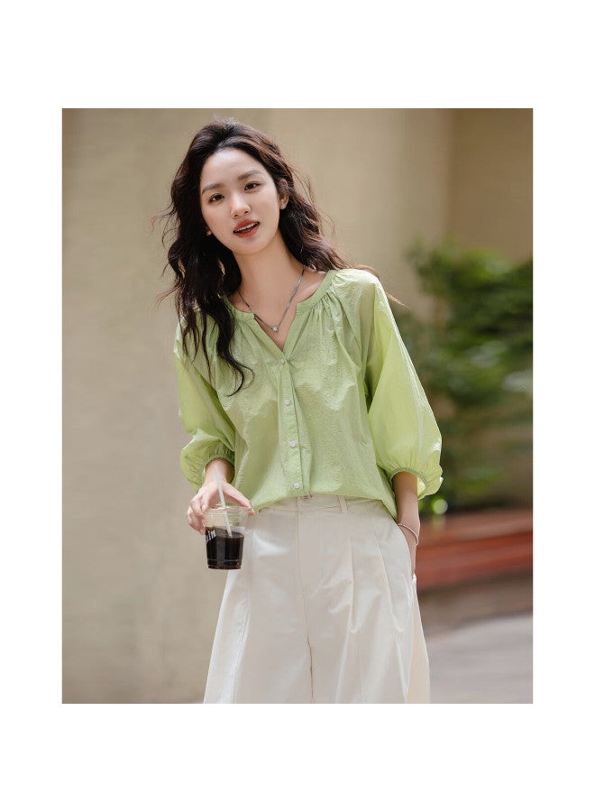 dme Love Poem】Spring Literary Style Simple V-Neck Mid-Sleeve Shirt Light And Airy Blouse Women'S Top - Image 3