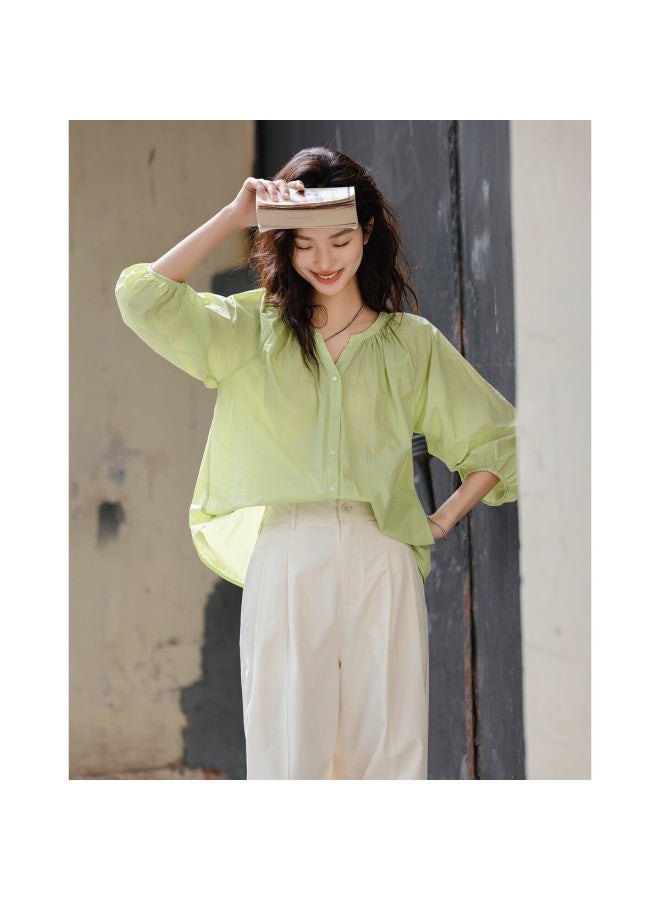 dme Love Poem】Spring Literary Style Simple V-Neck Mid-Sleeve Shirt Light And Airy Blouse Women'S Top - Image 1