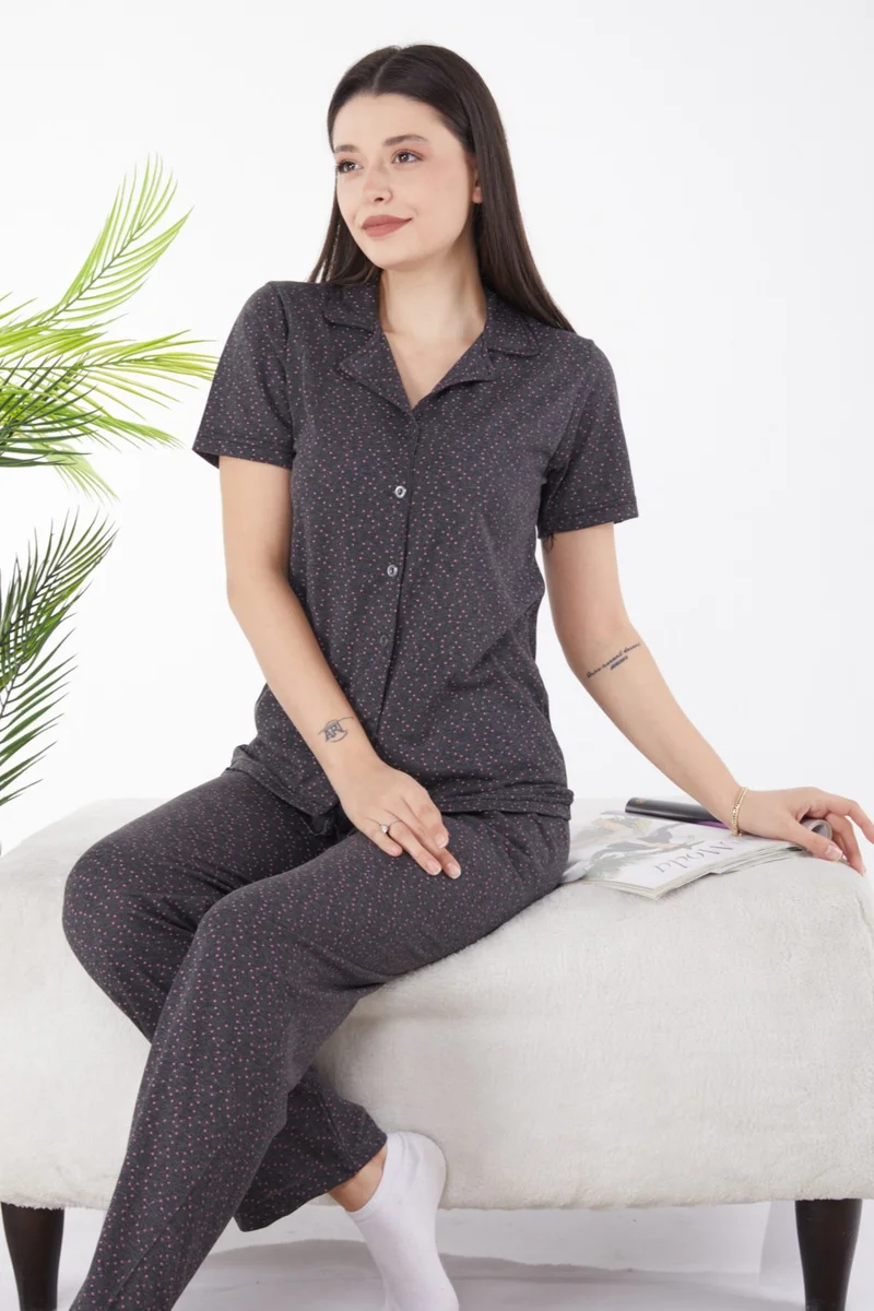 Tofisa Plain Shirt Collar Women's Anthracite Pajama Set - 25269