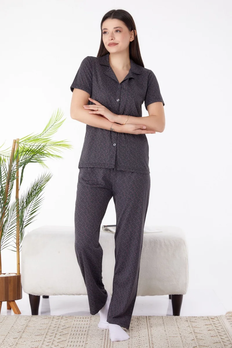 Tofisa Plain Shirt Collar Women's Anthracite Pajama Set - 25269