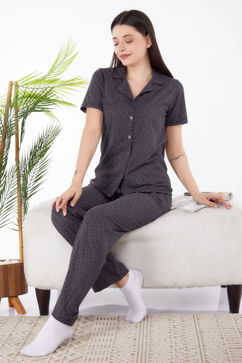 Tofisa Plain Shirt Collar Women's Anthracite Pajama Set - 25269