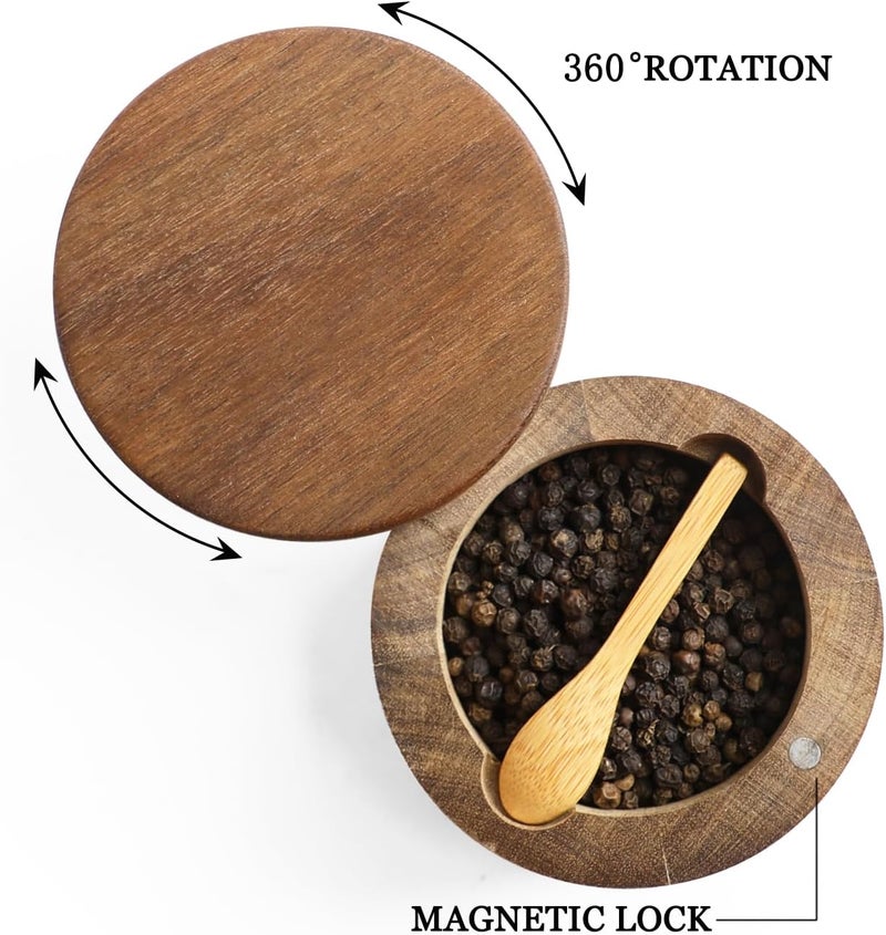 LBEMEY Acacia Wood Spice Box with Swivel Cover for Kitchen Countertop,Salt Keeper with Built-in Spoon,Modern Farmhouse Kitchen Decoror for Storing Seasonings (Labeled Salt & Pepper) - Image 2