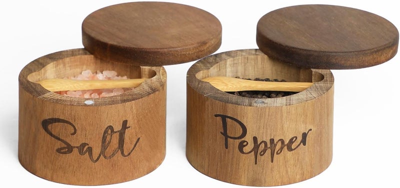 LBEMEY Acacia Wood Spice Box with Swivel Cover for Kitchen Countertop,Salt Keeper with Built-in Spoon,Modern Farmhouse Kitchen Decoror for Storing Seasonings (Labeled Salt & Pepper) - Image 1