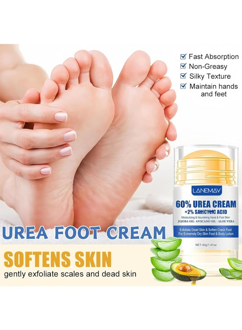 LANEMAY 2PCS Multiple Effects Foot Cream Set – 60% Urea Foot Cream & Peach Scent Heel Balm Stick – Exfoliating & Moisturizing Foot Care Duo for Dry Cracked Heels & Feet, 1.41oz Each - Image 2