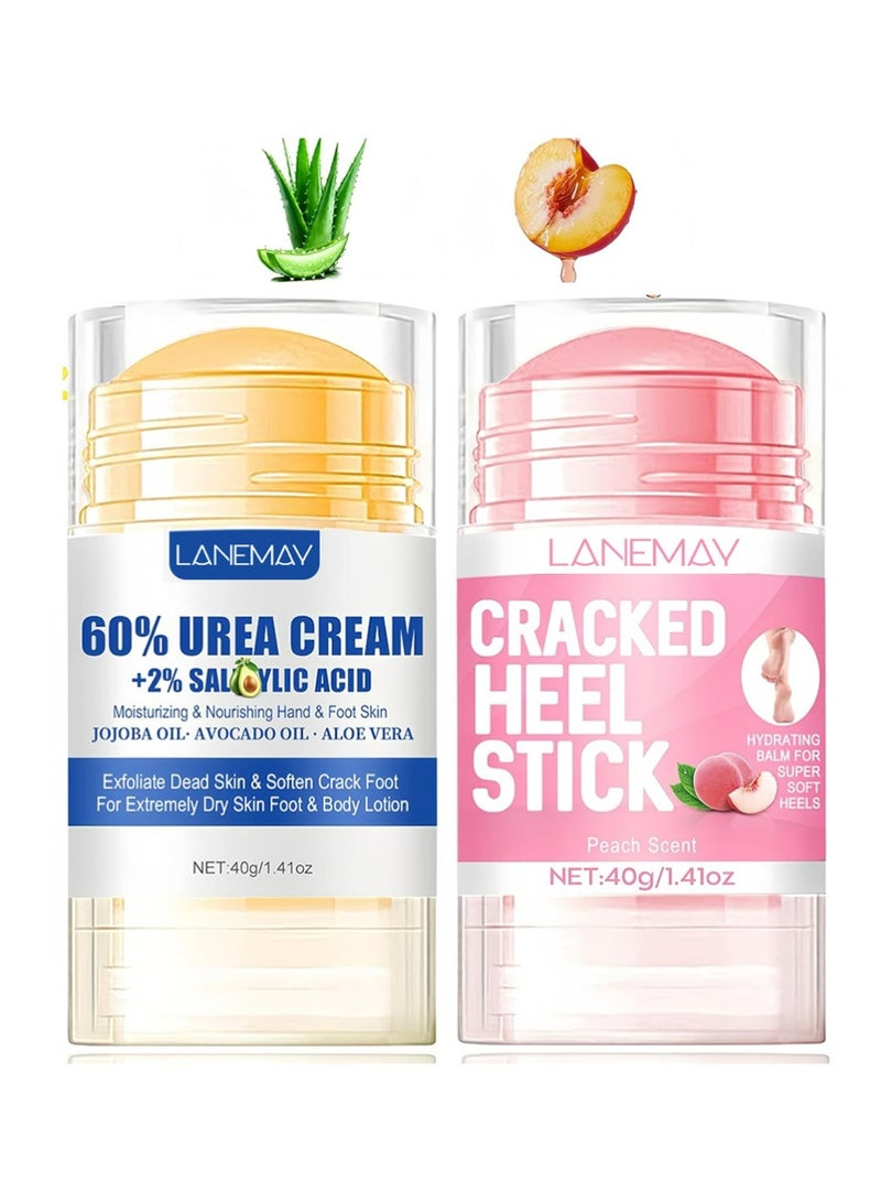 LANEMAY 2PCS Multiple Effects Foot Cream Set – 60% Urea Foot Cream & Peach Scent Heel Balm Stick – Exfoliating & Moisturizing Foot Care Duo for Dry Cracked Heels & Feet, 1.41oz Each - Image 1