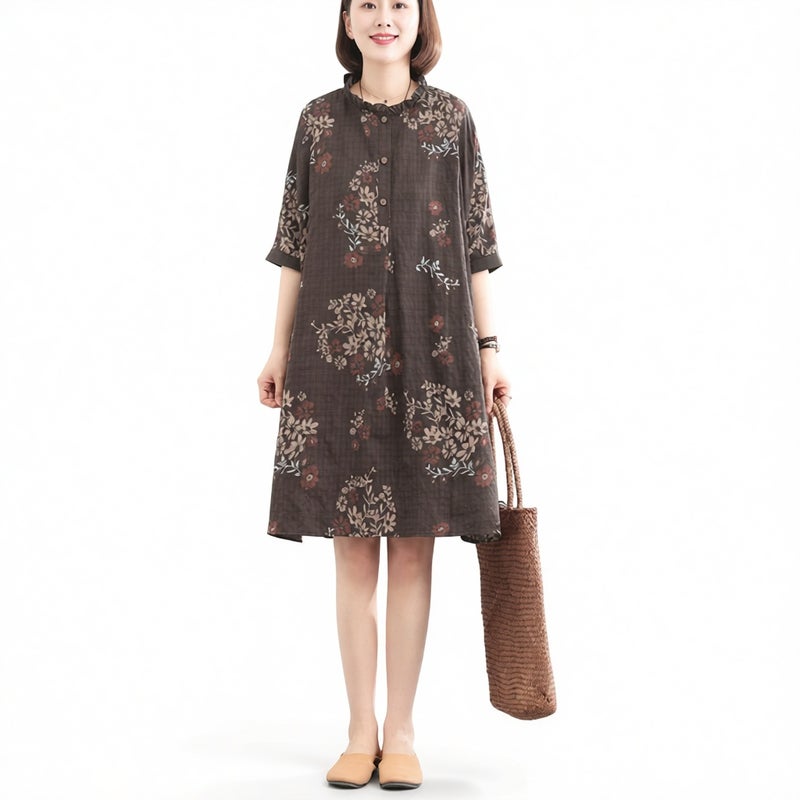 Vintage A-Line Midi Dress Plus Size Floral Print Loose Fit - Image 2