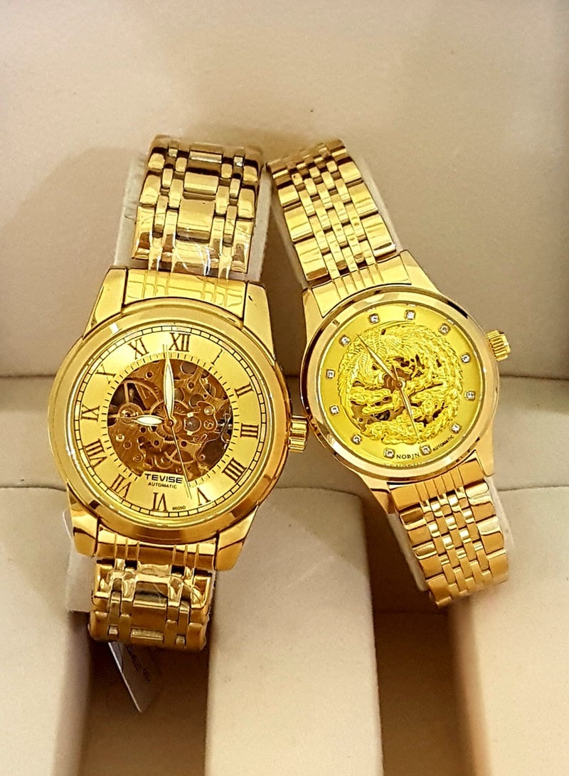 طقم ساعتين للأزواج اوتوماتيك أصلية ضد الماء 100% الأكثر مبيعا لهذا العام مع علبة هدية مع علبة فاخرة