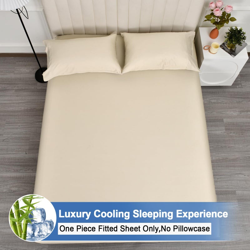 PHF PHF 100% Rayon Derived from Bamboo Cooling Fitted Sheet Twin Size for Hot Sleeper  16"" Deep Pocket  2.5cm Wider Strong Elastic Easy Fit Breathable Silky Smooth Soft 39""x 75""  Natural No Pillowcase  - Image 3