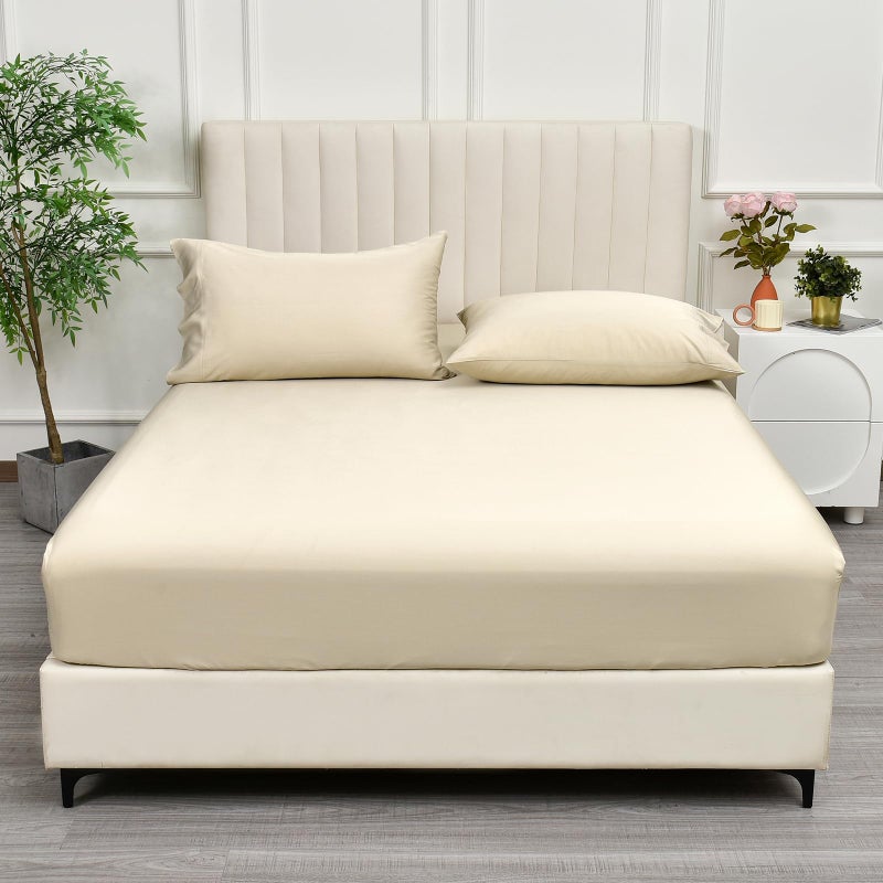 PHF PHF 100% Rayon Derived from Bamboo Cooling Fitted Sheet Twin Size for Hot Sleeper  16"" Deep Pocket  2.5cm Wider Strong Elastic Easy Fit Breathable Silky Smooth Soft 39""x 75""  Natural No Pillowcase  - Image 1