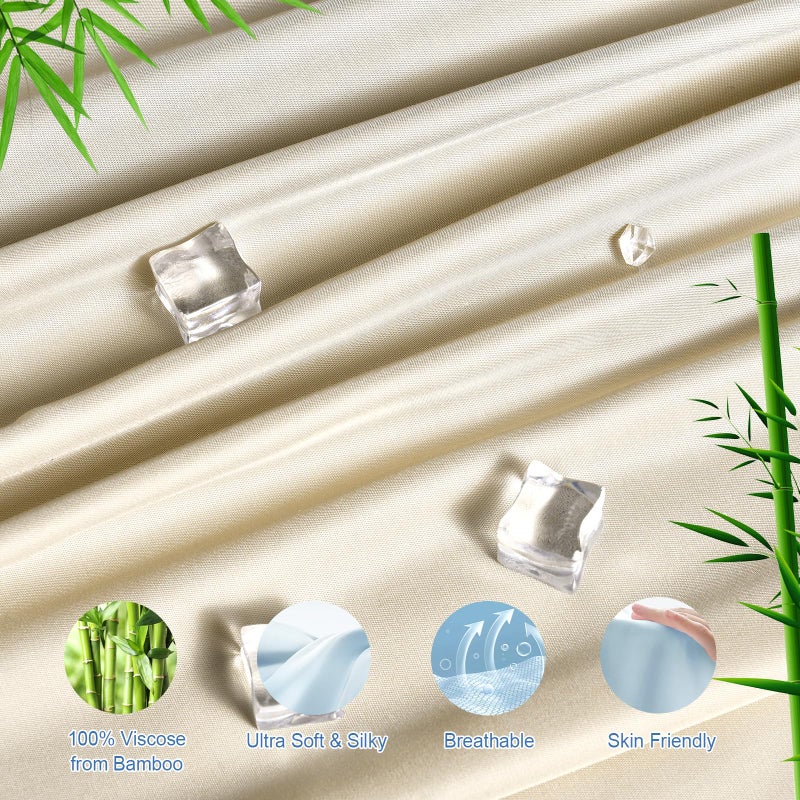 PHF PHF 100% Rayon Derived from Bamboo Cooling Fitted Sheet Twin Size for Hot Sleeper  16"" Deep Pocket  2.5cm Wider Strong Elastic Easy Fit Breathable Silky Smooth Soft 39""x 75""  Natural No Pillowcase  - Image 2