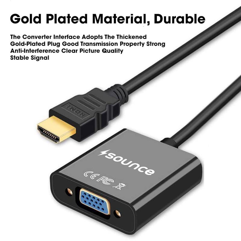 Sounce محول Sounce HDMI إلى VGA مطلي بالذهب عالي السرعة 1080P نشط HDTV HDMI إلى VGA محول ذكر إلى أنثى مع كابل شحن Micro USB، (أسود) - Image 5