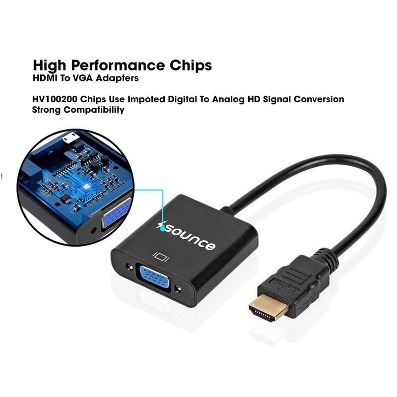 Sounce محول Sounce HDMI إلى VGA مطلي بالذهب عالي السرعة 1080P نشط HDTV HDMI إلى VGA محول ذكر إلى أنثى مع كابل شحن Micro USB، (أسود) - Image 3