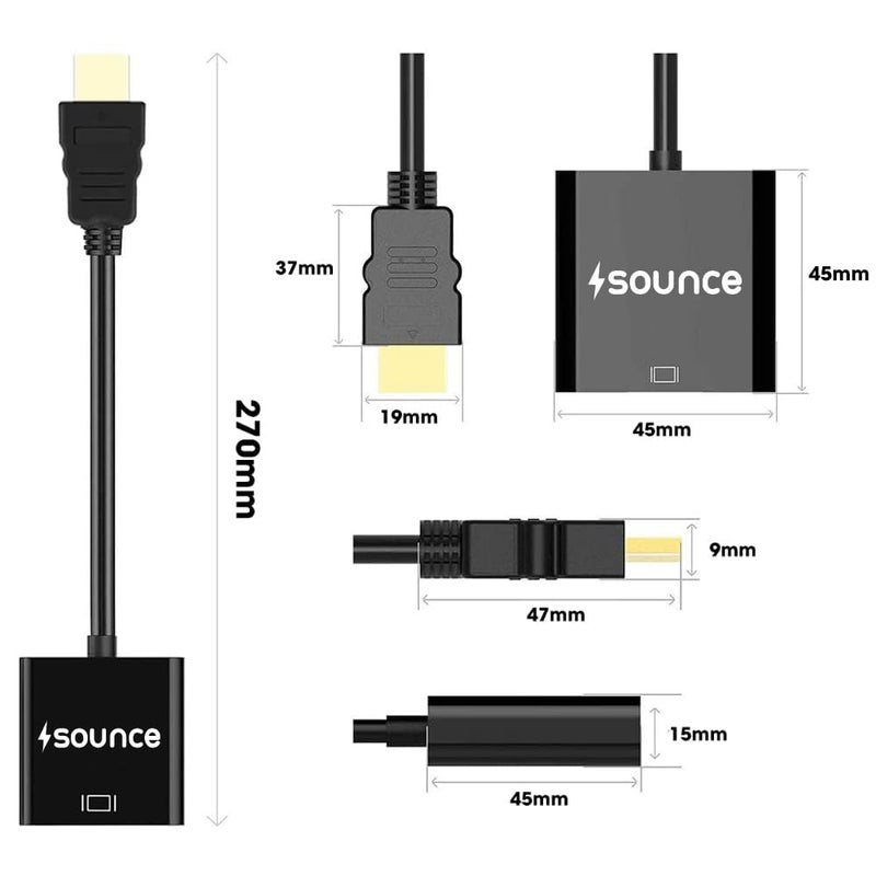 Sounce محول Sounce HDMI إلى VGA مطلي بالذهب عالي السرعة 1080P نشط HDTV HDMI إلى VGA محول ذكر إلى أنثى مع كابل شحن Micro USB، (أسود) - Image 4