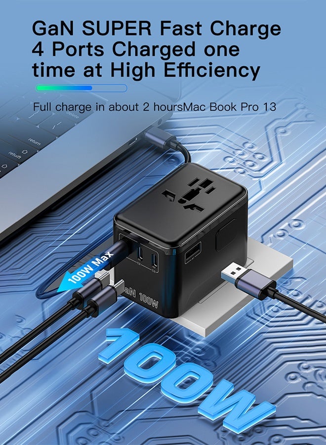 محول سفر عالمي للشحن السريع GaN 100 وات، قابس طاقة دولي 4 في 1 مع 3 منافذ USB-C و1 منفذ USB-A، متوافق مع PD QC3.0 للاتحاد الأوروبي/المملكة المتحدة/الولايات المتحدة/أستراليا، حماية من التحميل الزائد - Image 5