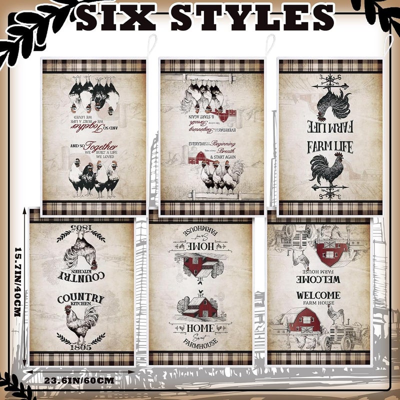 Bencailor 6 Pcs Kitchen Towels Absorbent Dish Towels Decorative Tea Towels Fast Drying Dish Cloths Hanging Reusable Cleaning Dishcloths for Cooking Baking Housewarming (Gray,Barn Farm) - Image 3