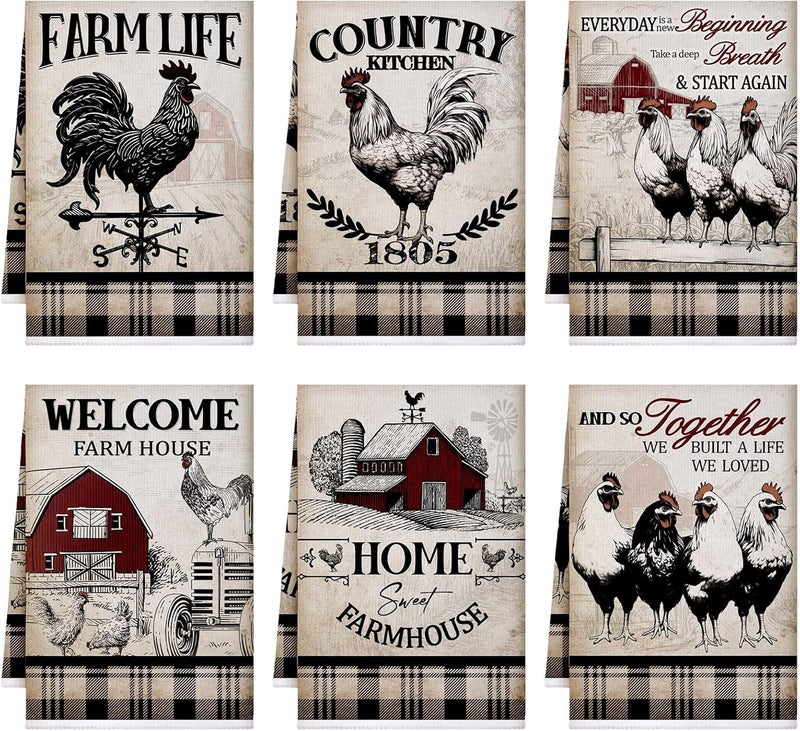 Bencailor 6 Pcs Kitchen Towels Absorbent Dish Towels Decorative Tea Towels Fast Drying Dish Cloths Hanging Reusable Cleaning Dishcloths for Cooking Baking Housewarming (Gray,Barn Farm) - Image 1