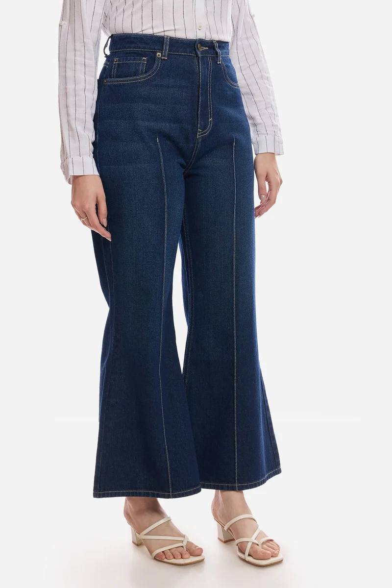 Virgio Navy Blue Solid Cotton Flared Denim for Women for Women | Best Price UAE