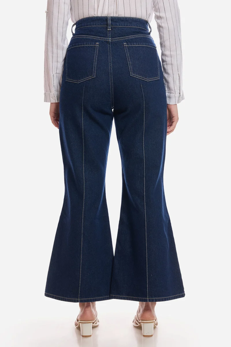 Virgio Navy Blue Solid Cotton Flared Denim for Women for Women | Best Price UAE