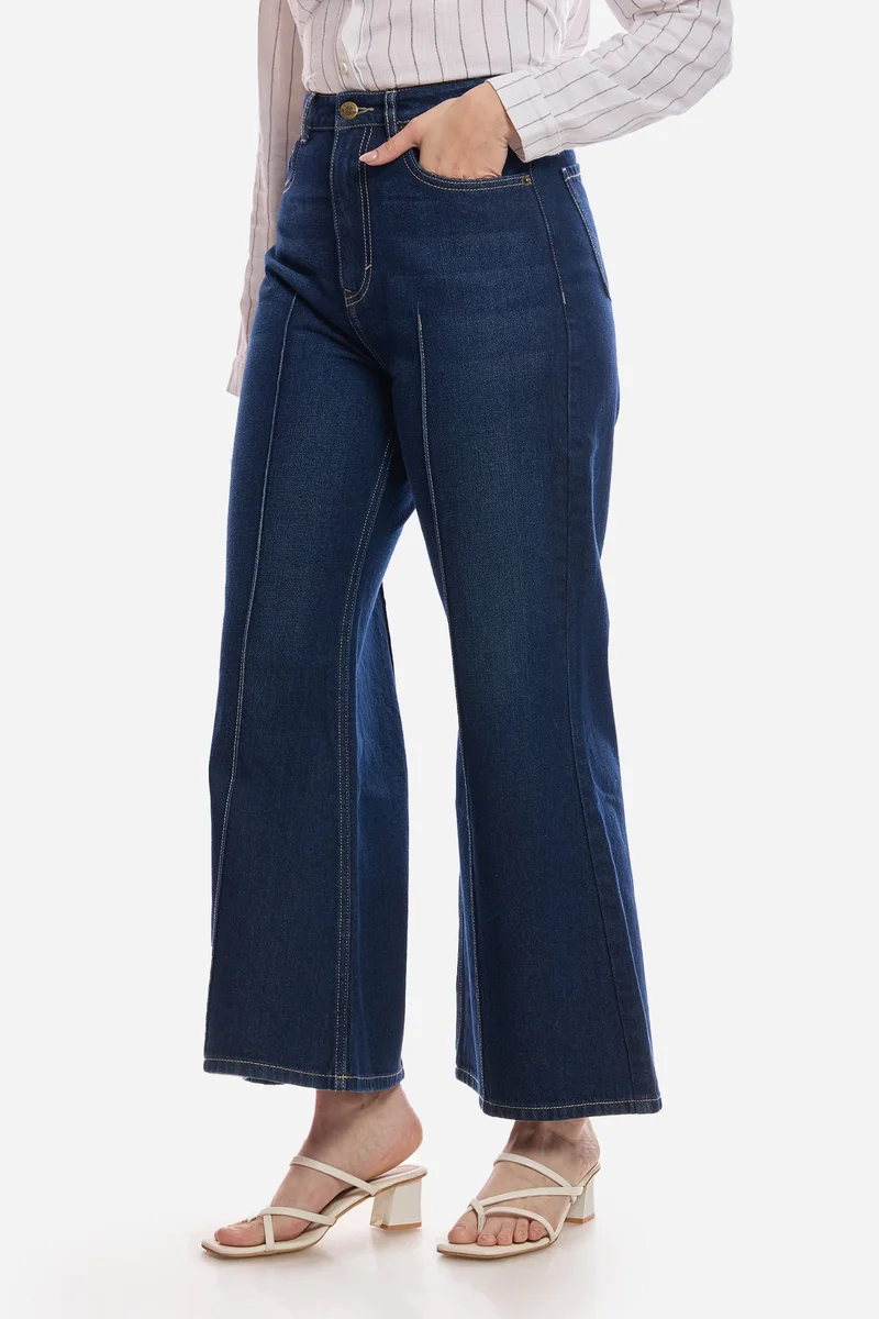 Virgio Navy Blue Solid Cotton Flared Denim for Women for Women | Best Price UAE